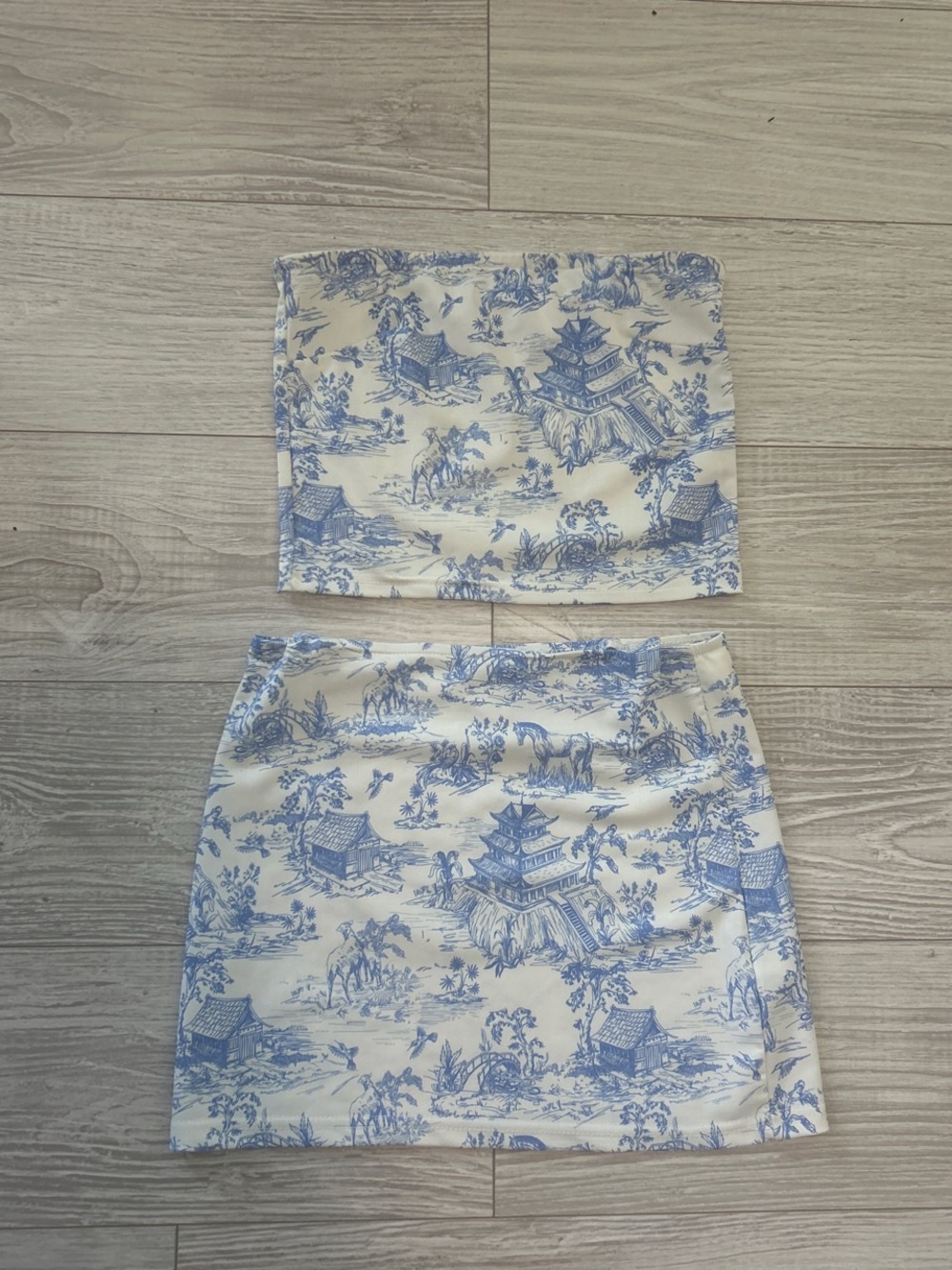 Edikted White and Light Blue Toile Mini Skirt Set